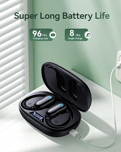 GNMN Active Noise Cancelling Ear Buds Wireless Earbuds 96hrs Playback Bluetooth Headphones Dual Battery Display Stereo Bass Earphones with Earhooks Microphone IPX7 Waterproof for Sports/Runing/Workout
