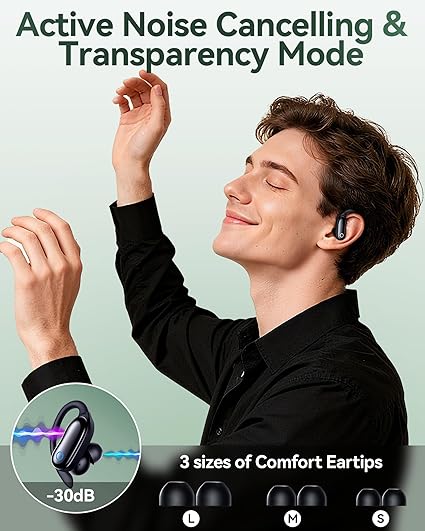 GNMN Active Noise Cancelling Ear Buds Wireless Earbuds 96hrs Playback Bluetooth Headphones Dual Battery Display Stereo Bass Earphones with Earhooks Microphone IPX7 Waterproof for Sports/Runing/Workout