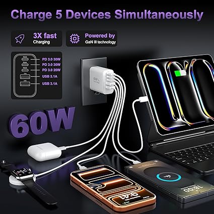 USB C Fast Charger Block, 60W USBC Wall Charger Plug, 2Pack 5-Port Type C Phone Charging Cubes Power Adapter Multiport Brick for iPhone 17/16/15/14/13/12/11/Pro Max/Plus/Air, iPad mini/Pro,Galaxy S25